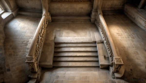 HQ,day,indoors,no humans,shadow,from above,sunlight,scenery,stairs,pillar,arch,column,outdoors,light rays,wooden floor,fantasy,door,railing,light,wall,architecture,hallway,stone floor,brick floor