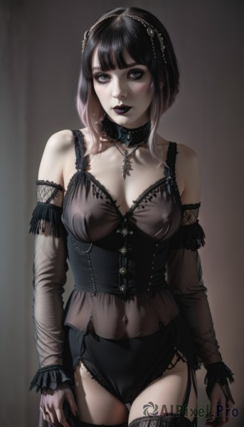 1girl,solo,breasts,looking at viewer,blush,short hair,bangs,large breasts,black hair,thighhighs,gloves,cleavage,bare shoulders,jewelry,medium breasts,underwear,nipples,standing,panties,multicolored hair,cowboy shot,parted lips,detached sleeves,choker,black thighhighs,necklace,nail polish,black eyes,collar,covered nipples,two-tone hair,see-through,grey eyes,black panties,covered navel,makeup,cameltoe,garter straps,lingerie,cross,lipstick,pale skin,black nails,corset,realistic,cross necklace,purple lips,gothic,black lips,navel,hairband,garter belt,eyeliner