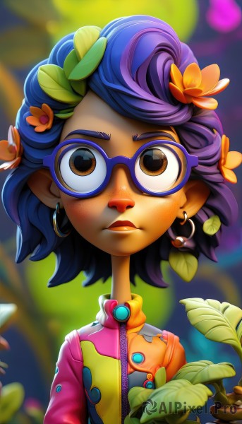 1girl,solo,looking at viewer,short hair,hair ornament,brown eyes,jewelry,blue hair,upper body,purple hair,flower,earrings,glasses,artist name,hair flower,dark skin,blurry,dark-skinned female,makeup,blurry background,leaf,watermark,plant,zipper,freckles,jacket,multicolored hair,pointy ears,lips,depth of field,multicolored clothes,hoop earrings,zipper pull tab,multicolored jacket,purple-framed eyewear