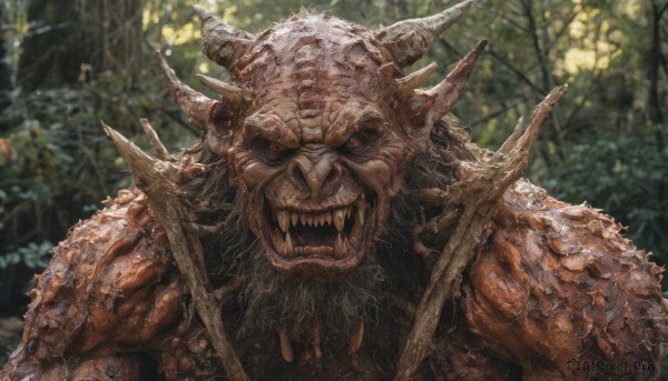 solo,looking at viewer,open mouth,1boy,upper body,male focus,outdoors,horns,teeth,day,armor,blurry,tree,no humans,blurry background,facial hair,fangs,sharp teeth,nature,beard,spikes,forest,monster,red eyes,colored skin,colored sclera,veins,realistic,horror (theme),tusks