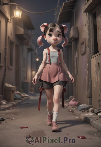 1girl,solo,looking at viewer,short hair,bangs,skirt,brown hair,shirt,black hair,hair ornament,animal ears,bare shoulders,twintails,brown eyes,closed mouth,standing,collarbone,full body,pink hair,multicolored hair,outdoors,shoes,shorts,sleeveless,socks,hair bun,blurry,black eyes,bare arms,double bun,blood,night,black shorts,suspenders,tank top,hair bobbles,short twintails,white socks,bike shorts,child,pink skirt,walking,pink footwear,bun cover,suspender skirt,female child,lamppost,street,alley,trash bag,blush,bow,pleated skirt,miniskirt,shadow,building,sneakers,injury,lantern,road,shorts under skirt