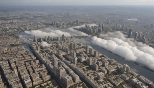 outdoors,sky,day,cloud,water,no humans,ocean,from above,building,scenery,city,aircraft,horizon,cityscape,watercraft,river,skyscraper,landscape,dutch angle,cloudy sky,smoke,military vehicle,vehicle focus,ship