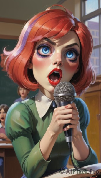 1girl,blush,short hair,open mouth,bangs,blue eyes,multiple girls,brown hair,shirt,long sleeves,dress,holding,sitting,upper body,red hair,multicolored hair,teeth,solo focus,puffy sleeves,shiny,collared shirt,artist name,indoors,3girls,medium hair,nail polish,blurry,shiny hair,two-tone hair,lips,streaked hair,fingernails,book,eyelashes,makeup,blurry background,upper teeth only,lipstick,juliet sleeves,microphone,pink nails,desk,eyeshadow,freckles,green dress,open book,nose,green shirt,music,red lips,classroom,holding microphone,singing,looking at viewer,:o,window,table,thick eyebrows,red nails,holding book,realistic