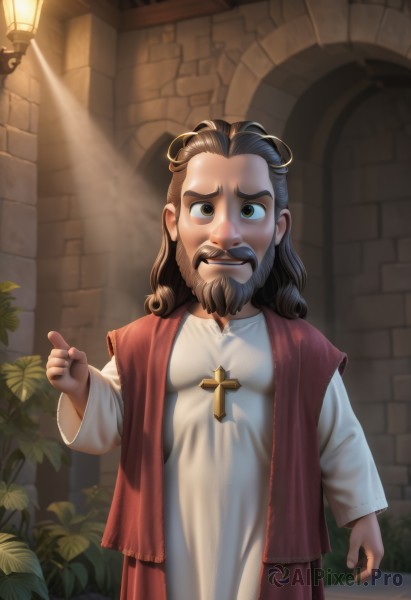 solo,long hair,looking at viewer,open mouth,brown hair,long sleeves,1boy,brown eyes,jewelry,standing,white shirt,male focus,multicolored hair,outdoors,teeth,indoors,medium hair,necklace,facial hair,sunlight,cross,plant,pointing,beard,robe,light rays,mustache,light,cross necklace,black hair,dress,upper body,hand up,white dress,aged down,child,forehead,wide-eyed,thumbs up,brick wall,church,priest