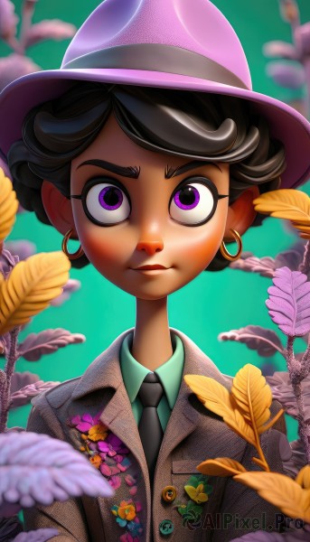 1girl,solo,looking at viewer,short hair,brown hair,shirt,black hair,hat,jewelry,closed mouth,purple eyes,jacket,upper body,flower,earrings,necktie,collared shirt,dark skin,blurry,dark-skinned female,lips,buttons,leaf,formal,suit,feathers,plant,portrait,black necktie,green background,curly hair,hoop earrings,wide-eyed,pink headwear,purple headwear,badge,artist name