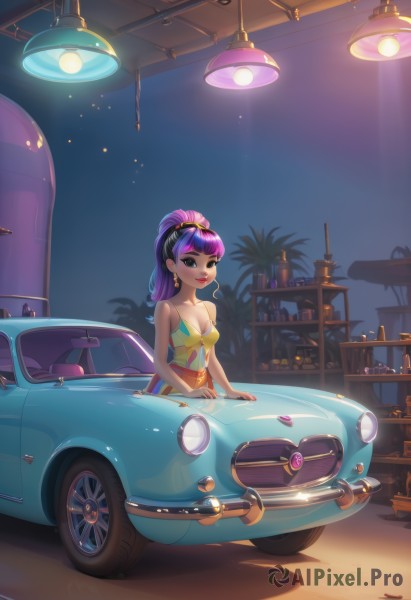 1girl,solo,long hair,breasts,looking at viewer,smile,open mouth,bangs,dress,cleavage,bare shoulders,brown eyes,jewelry,medium breasts,sitting,collarbone,ponytail,purple hair,multicolored hair,hairband,earrings,outdoors,sky,teeth,sleeveless,artist name,indoors,signature,black eyes,bracelet,tree,bare arms,makeup,night,sleeveless dress,bottle,high ponytail,lipstick,ground vehicle,star (sky),night sky,motor vehicle,camisole,personification,palm tree,spaghetti strap,car,lamp,yellow dress,stool,vehicle focus,lamppost,sports car,blue eyes,green eyes,small breasts,blunt bangs,cup,lips,strapless,chair,table,sunglasses,plant,crescent,eyewear on head,potted plant,crescent earrings,wheel,palm leaf