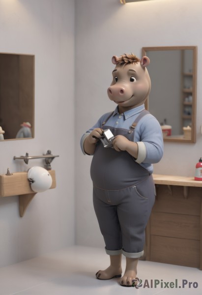 solo,blush,smile,brown hair,shirt,1boy,holding,animal ears,standing,full body,male focus,barefoot,collared shirt,pants,indoors,black eyes,table,blue shirt,furry,camera,overalls,furry male,male child,fat,bear,fat man,tail,bear ears