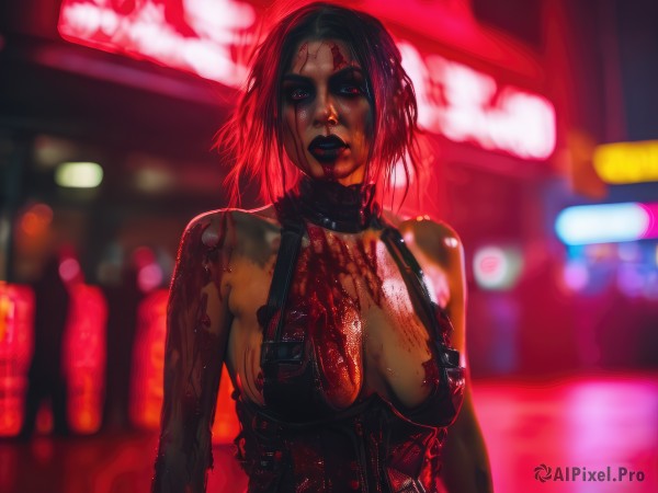 1girl,solo,breasts,looking at viewer,short hair,large breasts,red eyes,cleavage,bare shoulders,upper body,pink hair,blurry,lips,blood,makeup,blurry background,lipstick,corset,blood on face,blood on clothes,cyberpunk,black lips,black hair,medium breasts,torn clothes,thick eyebrows,suspenders,eyeshadow,veins,injury,nose,dirty,cuts,neon lights