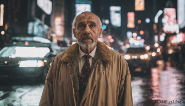 solo,looking at viewer,shirt,1boy,closed mouth,jacket,white shirt,upper body,white hair,grey hair,male focus,outdoors,necktie,collared shirt,blurry,vest,coat,fur trim,night,depth of field,blurry background,facial hair,formal,suit,ground vehicle,motor vehicle,beard,reflection,!,brown jacket,city,realistic,mustache,car,bald,old,brown coat,old man,city lights,signature,red necktie,black necktie,road,brown necktie