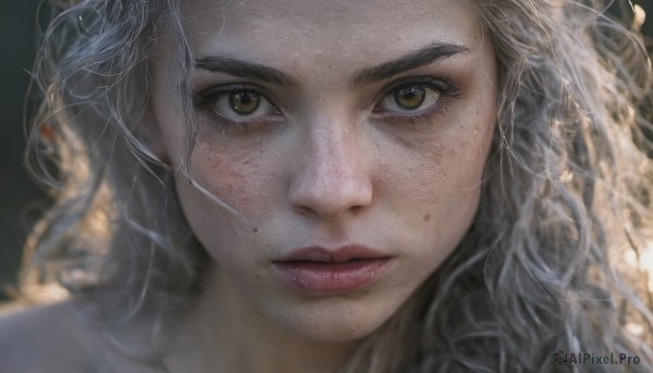 1girl,solo,long hair,looking at viewer,brown eyes,closed mouth,grey hair,mole,blurry,lips,eyelashes,blurry background,wavy hair,portrait,close-up,freckles,realistic,nose,mole on cheek,yellow eyes,depth of field,messy hair,dirty