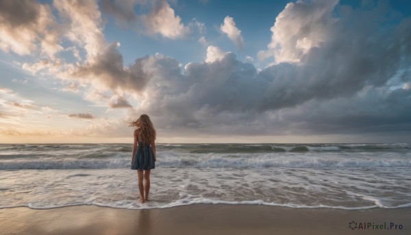 1girl, solo, long hair, skirt, brown hair, standing, outdoors, sky, barefoot, day, cloud, water, from behind, ocean, beach, cloudy sky, scenery, sand, horizon, wide shot, waves