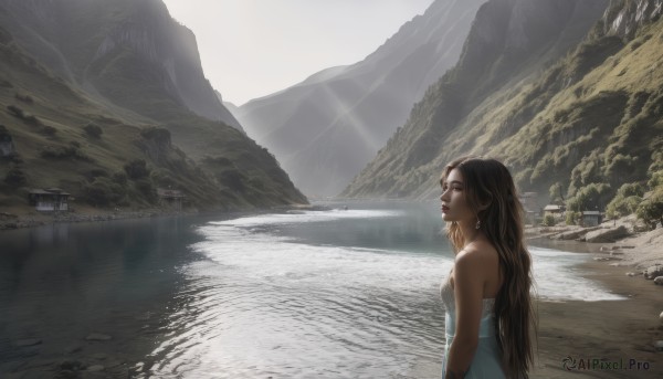 1girl,solo,long hair,breasts,brown hair,dress,bare shoulders,jewelry,very long hair,upper body,earrings,outdoors,water,white dress,from side,lips,wet,strapless,profile,sunlight,scenery,strapless dress,rock,mountain,realistic,river,lake,day,tree,makeup,nature,reflection,light rays,sunbeam,landscape,shore