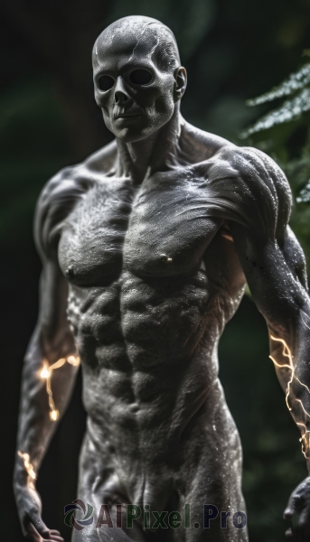 solo,looking at viewer,1boy,navel,closed mouth,nipples,standing,male focus,nude,cowboy shot,penis,blurry,mask,muscular,blurry background,colored skin,abs,pectorals,muscular male,veins,realistic,arms at sides,bald,grey skin,alien,horror (theme),facing viewer,skull