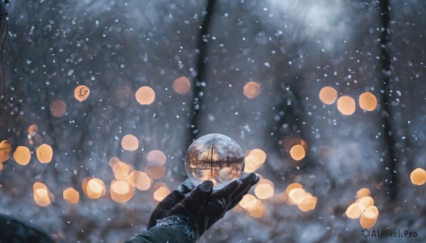 1girl, gloves, black gloves, blurry, tree, pov, scenery, snow, 1other, reflection, snowing, winter, ambiguous gender