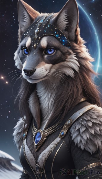 1girl,solo,long hair,breasts,looking at viewer,blue eyes,brown hair,animal ears,jewelry,closed mouth,upper body,small breasts,sky,artist name,signature,necklace,fur trim,night,animal,moon,gem,star (sky),night sky,furry,starry sky,furry female,space,body fur,planet,fur,animal nose,wolf,whiskers,black fur,fluffy