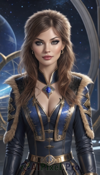 1girl,solo,long hair,breasts,looking at viewer,brown hair,long sleeves,dress,cleavage,brown eyes,jewelry,medium breasts,closed mouth,jacket,upper body,earrings,belt,mole,lips,fur trim,makeup,moon,lipstick,gem,star (sky),eyeshadow,starry sky,gold trim,mole on breast,realistic,nose,red lips,space,straight-on,planet,earth (planet),bangs,large breasts,artist name,necklace,parted bangs,chain,cropped jacket