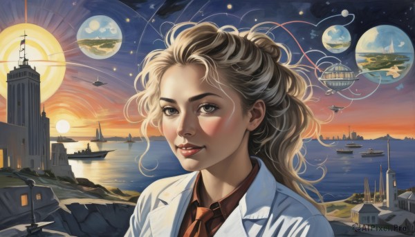 1girl,solo,long hair,looking at viewer,smile,blonde hair,brown hair,shirt,ponytail,necktie,sky,tongue,collared shirt,water,lips,grey eyes,ocean,moon,red necktie,building,portrait,star (sky),starry sky,science fiction,sunset,realistic,aircraft,labcoat,sun,red lips,airplane,watercraft,planet,ship,boat,spacecraft,floating island,airship,lighthouse,blush,blue eyes,upper body,outdoors,parted lips,scenery,city,nose,cityscape