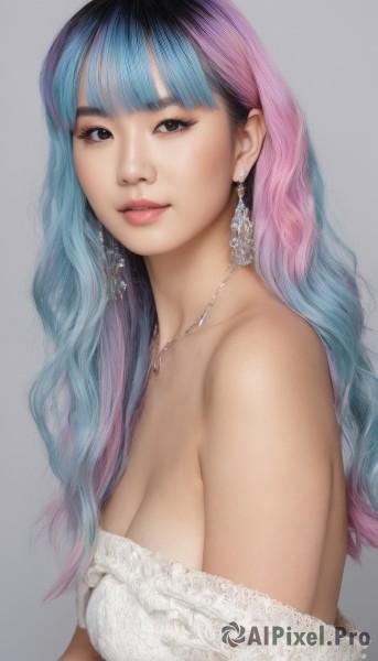 1girl,solo,long hair,breasts,looking at viewer,smile,bangs,large breasts,simple background,dress,cleavage,bare shoulders,brown eyes,jewelry,medium breasts,blue hair,upper body,pink hair,multicolored hair,earrings,blunt bangs,grey background,necklace,off shoulder,white dress,black eyes,from side,two-tone hair,lips,gradient hair,realistic,nose,black hair,parted lips,eyelashes,strapless,makeup