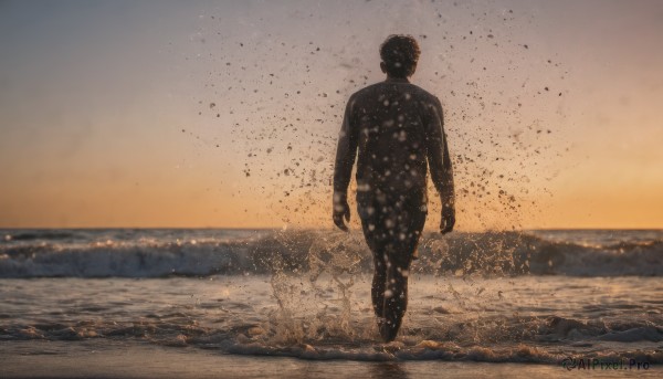 solo, black hair, 1boy, male focus, outdoors, sky, from behind, ocean, beach, walking, sunset, sand, footprints