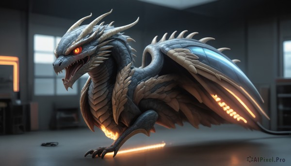 HQ,solo,open mouth,red eyes,tail,wings,horns,teeth,indoors,blurry,orange eyes,no humans,blurry background,glowing,fangs,sharp teeth,slit pupils,glowing eyes,claws,colored sclera,monster,dragon,scales,monitor,kaijuu