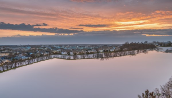 outdoors,sky,cloud,water,tree,no humans,ocean,cloudy sky,building,nature,scenery,forest,reflection,sunset,mountain,city,horizon,cityscape,river,landscape,lake,orange sky,shore