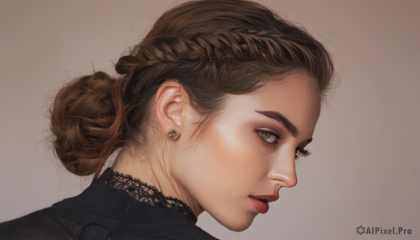 1girl,solo,simple background,brown hair,jewelry,closed mouth,green eyes,braid,earrings,choker,grey background,hair bun,from side,lips,profile,makeup,single hair bun,portrait,french braid,freckles,realistic,nose,red lips,braided bun,looking at viewer,short hair,parted lips,looking back,gradient,gradient background,eyelashes,lipstick,brown background,stud earrings