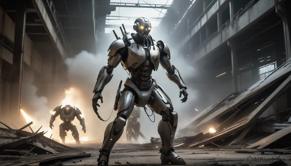 HQ,1boy,standing,weapon,multiple boys,solo focus,armor,orange eyes,gun,military,no humans,glowing,robot,building,mecha,glowing eyes,smoke,science fiction,realistic,cable,ruins,multiple others,damaged,open hands,dust,looking at viewer,city,lights,humanoid robot