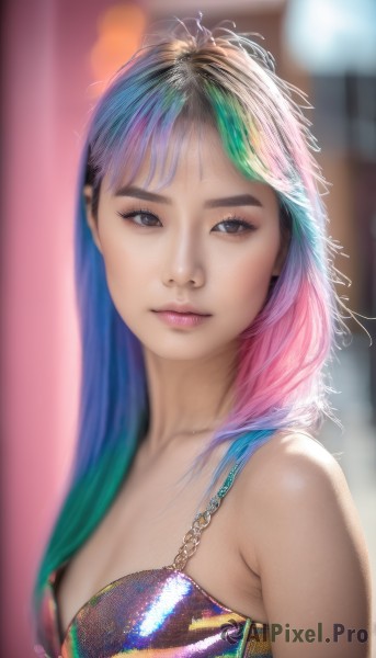 1girl,solo,long hair,looking at viewer,bangs,bare shoulders,brown eyes,closed mouth,underwear,blue hair,collarbone,upper body,pink hair,multicolored hair,small breasts,green hair,artist name,bra,blurry,black eyes,flat chest,two-tone hair,lips,eyelashes,gradient hair,makeup,depth of field,blurry background,watermark,web address,multicolored clothes,realistic,nose,multicolored bikini,rainbow hair,multicolored stripes,breasts