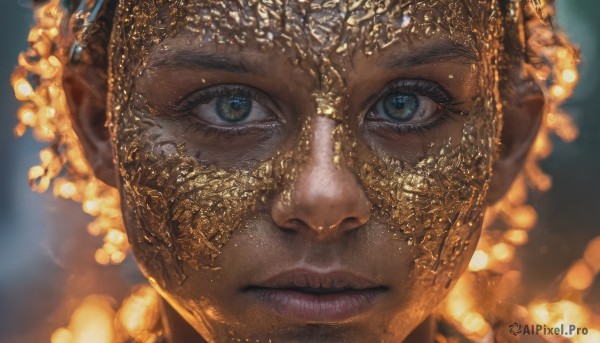 1girl,solo,looking at viewer,short hair,blue eyes,1boy,brown eyes,closed mouth,male focus,dark skin,blurry,dark-skinned female,lips,eyelashes,depth of field,blurry background,expressionless,portrait,close-up,reflection,realistic,nose,straight-on,gold,eye focus,light,bokeh