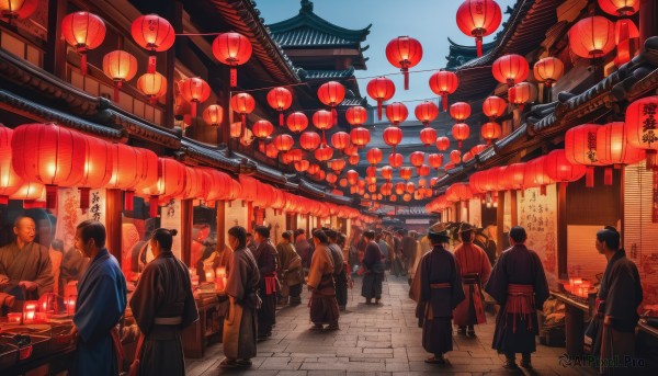 multiple girls,black hair,standing,outdoors,food,japanese clothes,multiple boys,sky,day,kimono,sash,night,building,hakama,scenery,hakama skirt,walking,6+boys,lantern,facing away,road,haori,architecture,east asian architecture,paper lantern,crowd,festival,people,pavement,food stand,male focus,blue sky,bald,old,street