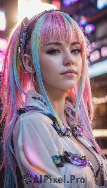 1girl,solo,long hair,breasts,looking at viewer,bangs,blue eyes,jewelry,closed mouth,blue hair,white shirt,upper body,pink hair,multicolored hair,open clothes,artist name,necklace,bra,blurry,black eyes,two-tone hair,lips,streaked hair,eyelashes,makeup,depth of field,blurry background,freckles,realistic,nose,shirt,cleavage,underwear,sidelocks,small breasts,from side,black bra,eyeshadow,zipper,unzipped,mascara