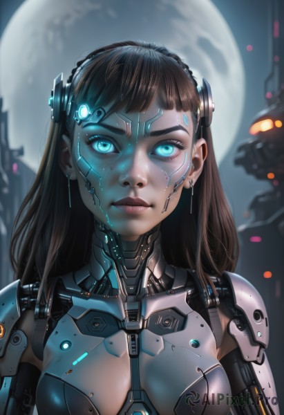 1girl,solo,long hair,breasts,looking at viewer,bangs,blue eyes,brown hair,jewelry,medium breasts,closed mouth,upper body,earrings,artist name,blurry,lips,eyelashes,bodysuit,makeup,night,blurry background,glowing,headgear,moon,robot,glowing eyes,full moon,freckles,science fiction,realistic,nose,android,mechanical arms,straight-on,cyborg,robot joints,cyberpunk,mechanical parts,black hair,aqua eyes,backlighting,facepaint,neon trim