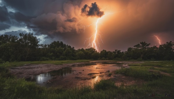 outdoors,sky,cloud,water,tree,no humans,cloudy sky,grass,nature,scenery,forest,reflection,sunset,electricity,river,lightning,landscape,lake,reflective water