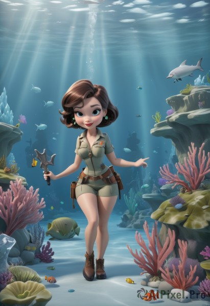 1girl,solo,breasts,looking at viewer,smile,short hair,blue eyes,brown hair,shirt,holding,jewelry,medium breasts,standing,full body,weapon,short sleeves,earrings,boots,shorts,belt,water,uniform,lips,military,makeup,ocean,animal,brown footwear,sunlight,lipstick,fish,bubble,pocket,pouch,light rays,rock,underwater,ankle boots,air bubble,sunbeam,belt pouch,shell,starfish,wrench,turtle,freediving,coral,seaweed,clownfish,cleavage,shoes,artist name,short shorts,thigh gap,pointing,green shirt,red lips,aquarium,thick lips