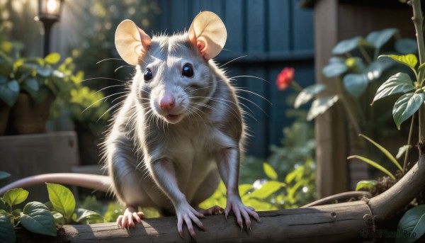 HQ,blue eyes,closed mouth,flower,outdoors,day,blurry,no humans,depth of field,blurry background,animal,leaf,cat,plant,claws,realistic,potted plant,animal focus,mouse,whiskers,solo,looking at viewer,standing,full body