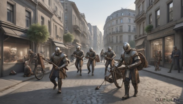 multiple girls,gloves,holding,standing,weapon,boots,outdoors,multiple boys,day,sword,bag,holding weapon,armor,tree,window,helmet,shoulder armor,gauntlets,building,sheath,scenery,walking,6+boys,pauldrons,shield,sheathed,city,fantasy,road,axe,greaves,house,multiple others,horse,street,knight,full armor,town,helm,pavement,sky,gun,ground vehicle,motor vehicle,rifle,lamppost,bicycle,soldier,crossbow,vanishing point,antique firearm