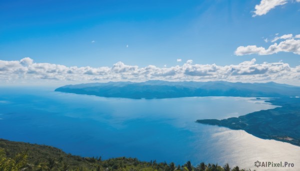 outdoors,sky,day,cloud,signature,water,tree,blue sky,no humans,bird,ocean,animal,beach,cloudy sky,grass,nature,scenery,forest,mountain,horizon,landscape,lake,shore,hill,island