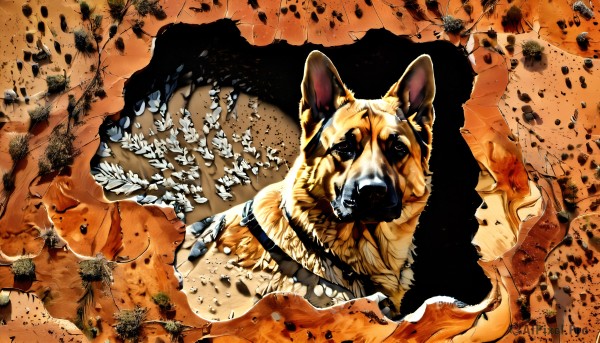 HQ,solo,looking at viewer,1boy,teeth,no humans,rock,debris,destruction,open mouth,animal,traditional media,parody,sharp teeth,dog,orange background,animal focus,orange theme