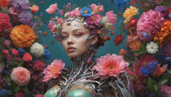 1girl, solo, looking at viewer, hair ornament, closed mouth, upper body, flower, hair flower, lips, makeup, rose, red flower, pink flower, eyeshadow, blue flower, realistic, yellow flower, nose, purple flower, orange flower, peony (flower)