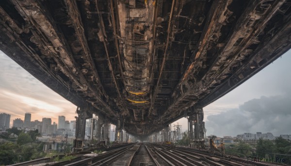 outdoors,sky,day,cloud,tree,no humans,sunlight,cloudy sky,grass,ground vehicle,building,scenery,science fiction,city,road,cityscape,ruins,bridge,skyscraper,railroad tracks,post-apocalypse,stairs,railing,landscape