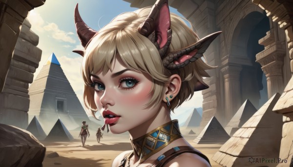 1girl,looking at viewer,blush,short hair,bangs,blue eyes,multiple girls,blonde hair,1boy,2girls,animal ears,bare shoulders,jewelry,weapon,earrings,outdoors,parted lips,horns,sky,solo focus,choker,day,cloud,armor,collar,blue sky,lips,eyelashes,makeup,lipstick,building,portrait,nose,red lips,giant,mascara,teeth,piercing,realistic