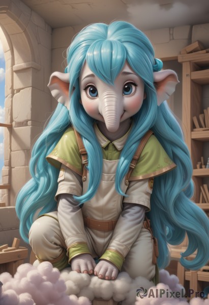 1girl,solo,long hair,looking at viewer,blush,smile,bangs,blue eyes,shirt,long sleeves,animal ears,very long hair,blue hair,short sleeves,sky,day,belt,artist name,cloud,indoors,nail polish,aqua hair,capelet,mask,squatting,monster girl,red nails,overalls,layered sleeves,short over long sleeves,colored skin,white skin,furry female