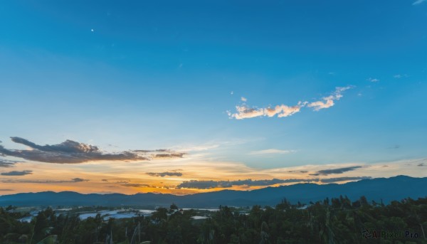 outdoors,sky,day,cloud,tree,blue sky,no humans,cloudy sky,grass,nature,scenery,forest,sunset,mountain,sun,field,landscape,mountainous horizon,gradient sky,sunrise,signature,plant,horizon,twilight,evening,hill