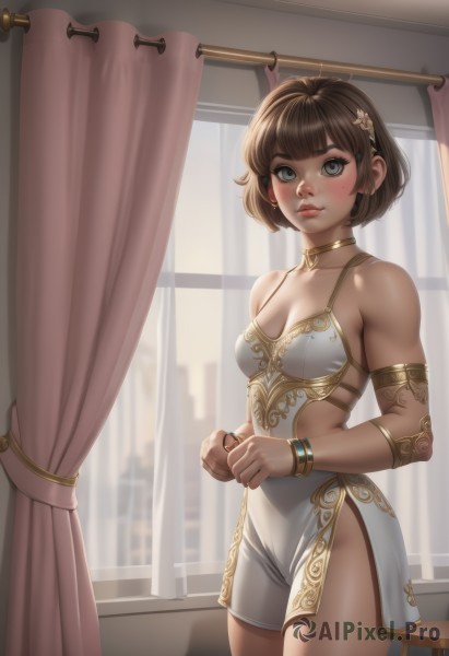 1girl,solo,breasts,looking at viewer,blush,short hair,bangs,blue eyes,brown hair,hair ornament,dress,cleavage,bare shoulders,jewelry,medium breasts,closed mouth,standing,collarbone,thighs,cowboy shot,earrings,small breasts,choker,artist name,indoors,blunt bangs,white dress,bracelet,lips,grey eyes,window,no panties,short dress,ring,curtains,armlet,side slit,gold trim,nose,neck ring,day,mole,mole under eye,thick eyebrows,backlighting,freckles,gold choker