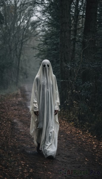 solo,looking at viewer,gloves,1boy,standing,full body,outdoors,tree,no humans,nature,cloak,1other,forest,walking,bare tree,horror (theme),ghost costume,long sleeves,barefoot,torn clothes,colored skin,facing viewer,monster