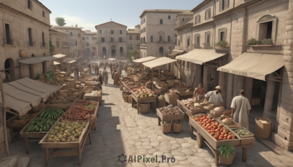 outdoors,food,multiple boys,sky,day,tree,no humans,window,fruit,chair,table,building,scenery,6+boys,robe,city,fantasy,apple,basket,road,house,bread,multiple others,street,vegetable,town,barrel,people,pavement,cart,cloud,bag,blue sky,shadow,umbrella,plant,potted plant,cityscape,carrot,wall,lamppost,shop,radish