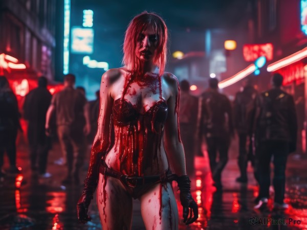 1girl,breasts,looking at viewer,short hair,gloves,cleavage,bare shoulders,medium breasts,underwear,standing,panties,pink hair,outdoors,multiple boys,solo focus,black gloves,belt,bra,blurry,black panties,blood,night,depth of field,blurry background,blood on face,city,realistic,blood on clothes,police,zombie,blood splatter,guro,neon lights,solo,navel,weapon,shorts,lingerie,rain,road,street,crowd