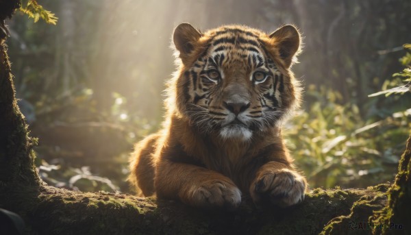 solo,looking at viewer,brown eyes,full body,outdoors,day,blurry,tree,no humans,depth of field,blurry background,animal,sunlight,bug,plant,nature,forest,light rays,realistic,branch,animal focus,tiger,sitting,signature,chinese zodiac,year of the tiger