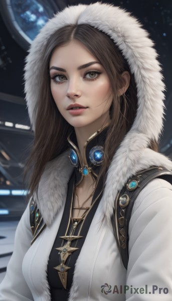 1girl,solo,long hair,breasts,looking at viewer,brown hair,brown eyes,jewelry,jacket,upper body,parted lips,hood,necklace,lips,coat,fur trim,makeup,hood up,realistic,nose,white coat,red lips,fur-trimmed hood,bangs,medium breasts,earrings,teeth,parted bangs,eyelashes,gem,hooded jacket,forehead,pendant,freckles