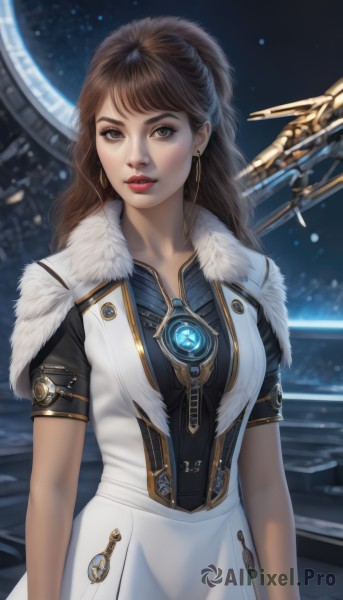 1girl,solo,long hair,breasts,looking at viewer,bangs,brown hair,dress,brown eyes,jewelry,short sleeves,earrings,parted lips,white dress,blurry,lips,fur trim,makeup,blurry background,lipstick,zipper,science fiction,watch,realistic,nose,red lips,mechanical wings,standing,upper body,artist name,gem